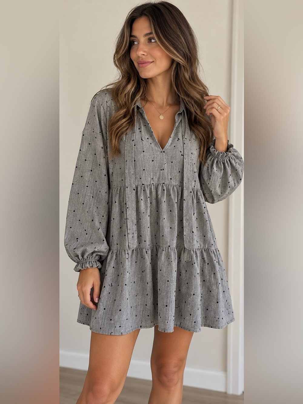 Zara Grey Polka Dot Tiered Mini Dress – Long Sleeve, Ruffle Detail